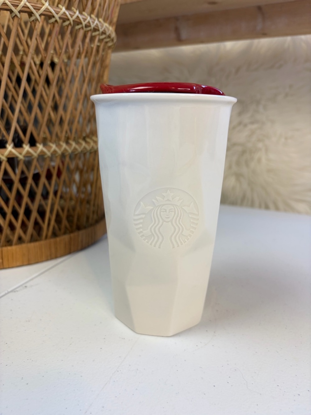 Starbucks Ceramic Faceted Paper Cup Geometric Style Tumbler Mug Red Lid 10 oz
